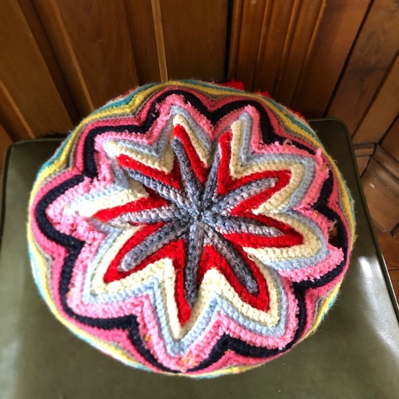 Vtg Hand Knit Multicolour Pouf Pillow - Picture 5 of 14